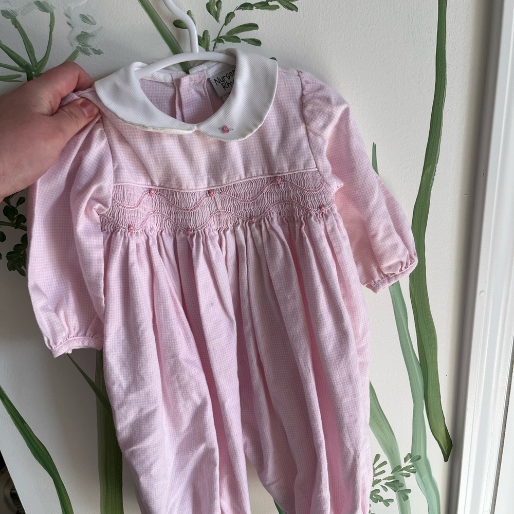 Smocked pink floral rose jumpsuit romper  with Peter Pan collar! Easter 🐇